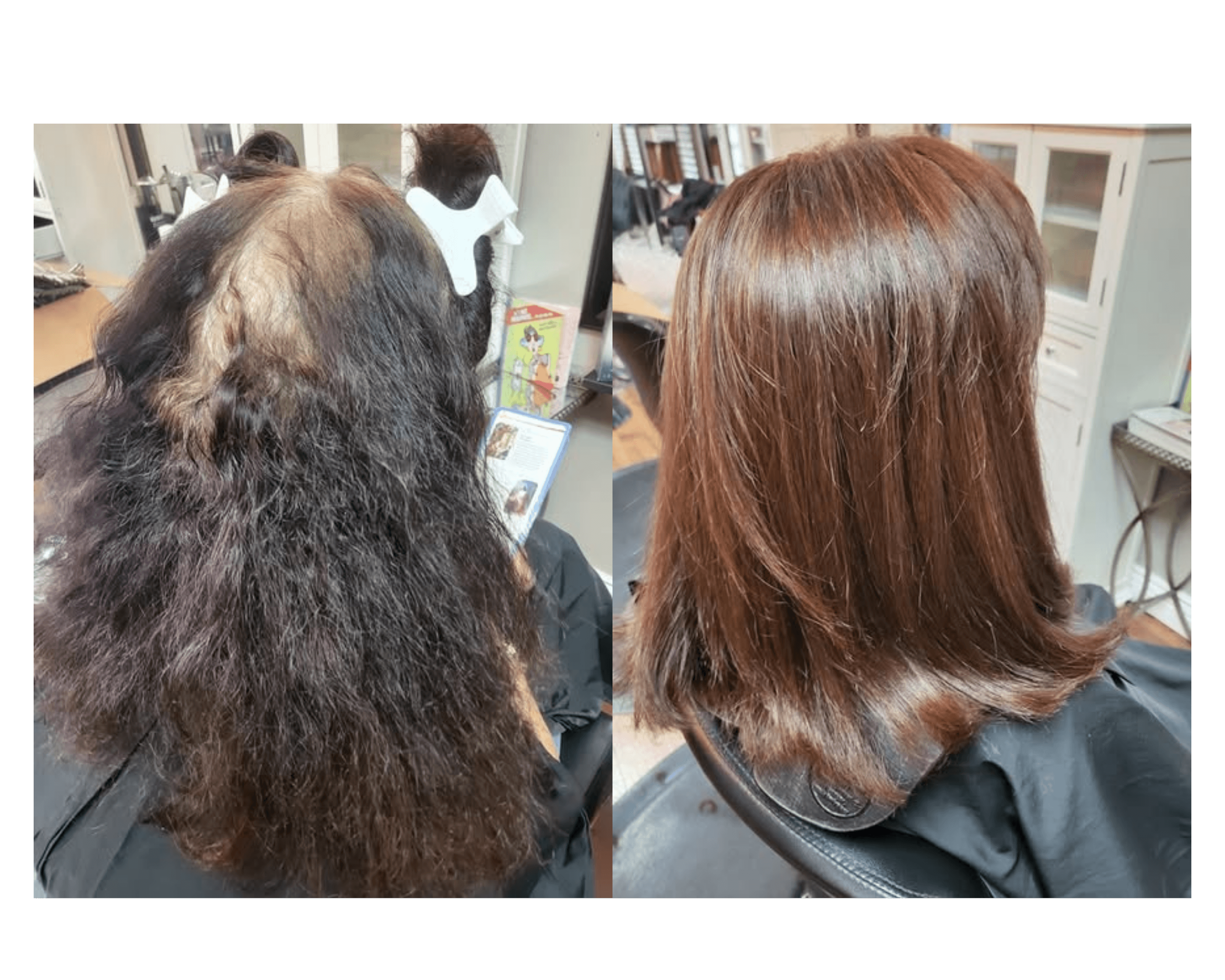 Before and after Brazilian Blowout smoothing treatment by Hair by Beth in Riverview FL